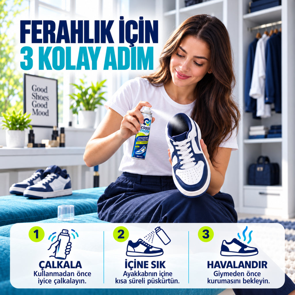 Ayakkabı Deodorantı 100 ml, üç adımda kullanım