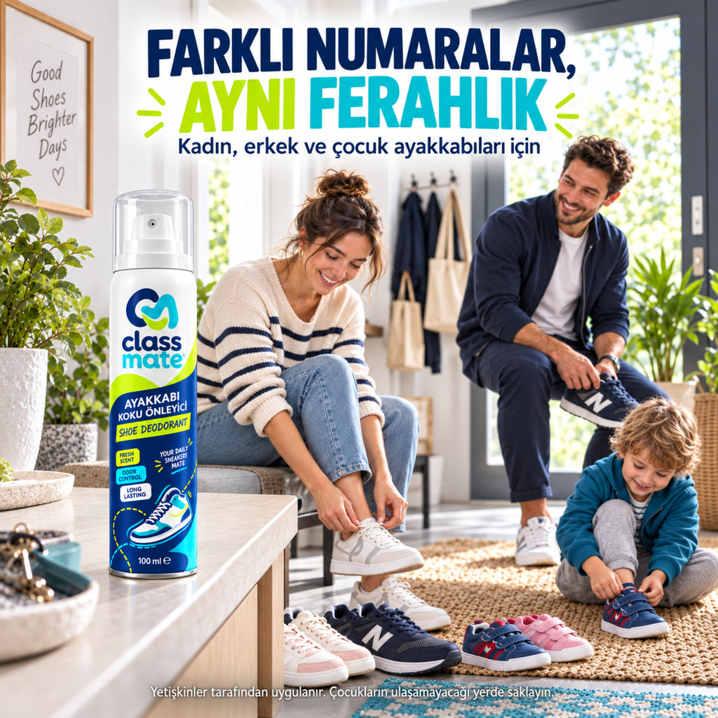 Ayakkabı Deodorantı 100 ml ve farklı numaralarda ayakkabılar