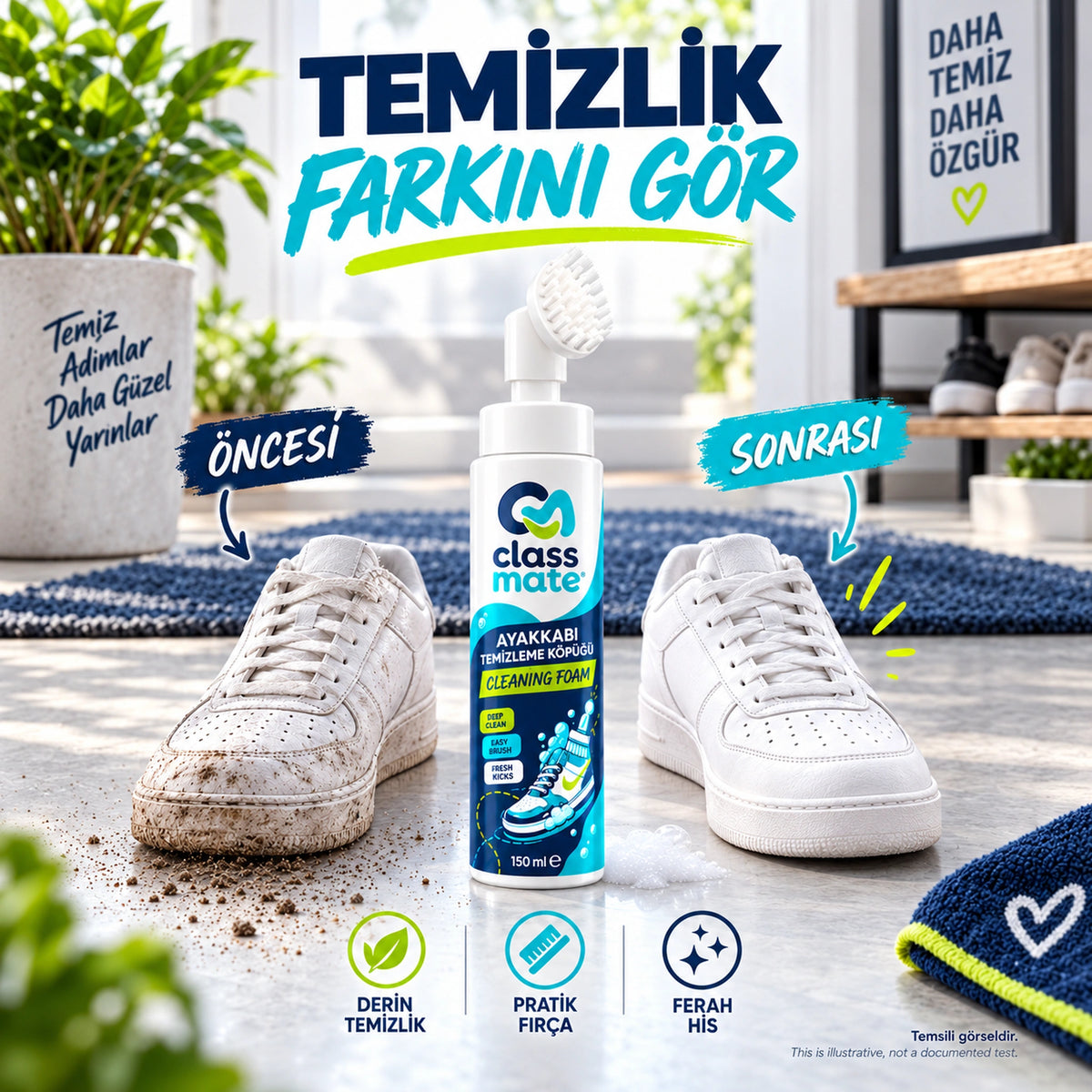 Ayakkabı temizleme köpüğü için temsili önce ve sonra karşılaştırması