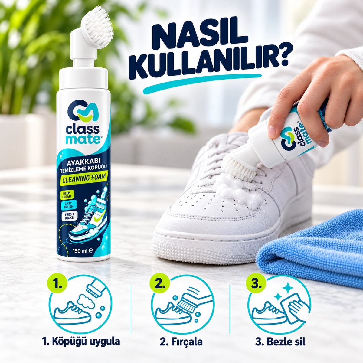 Ayakkabı temizleme köpüğü, uygula, fırçala ve sil adımları