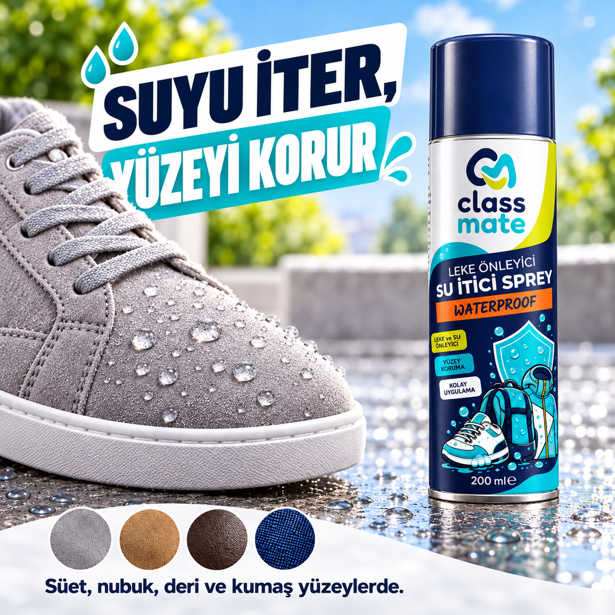 Su İtici Sprey 200 ml ve ayakkabı üzerinde temsili su damlaları